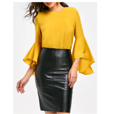 Flare Sleeve Blouse with Flounce - Yellow 